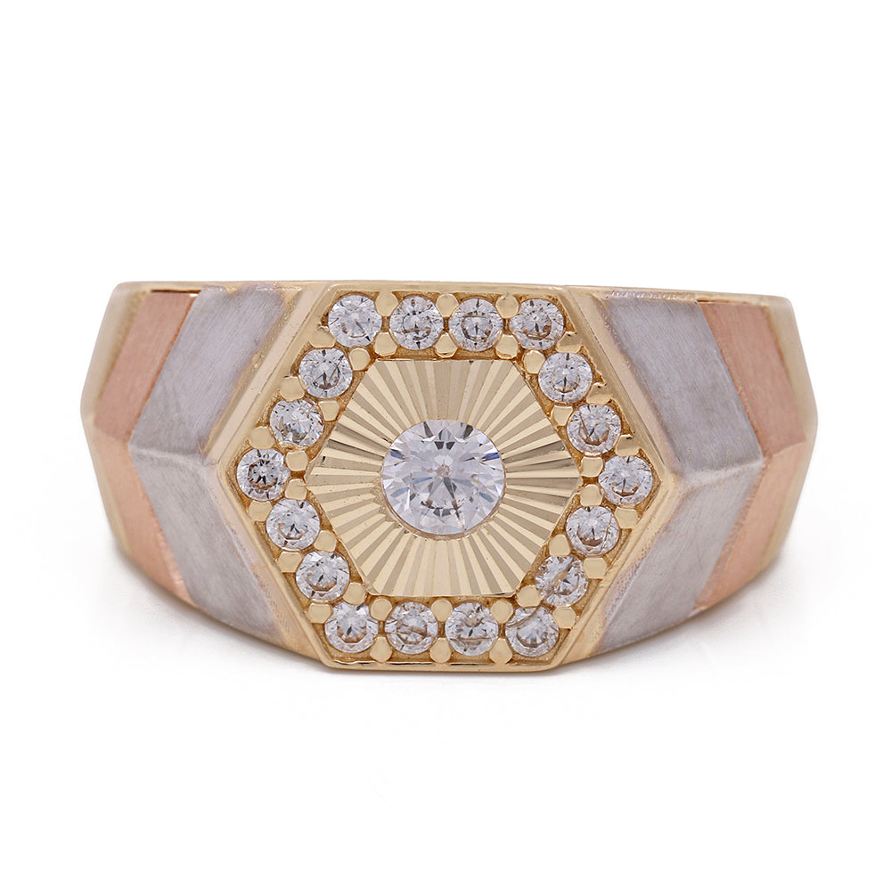 14K Tricolor Gold Men's Hexagon Fashion Ring with Cubic Zirconias