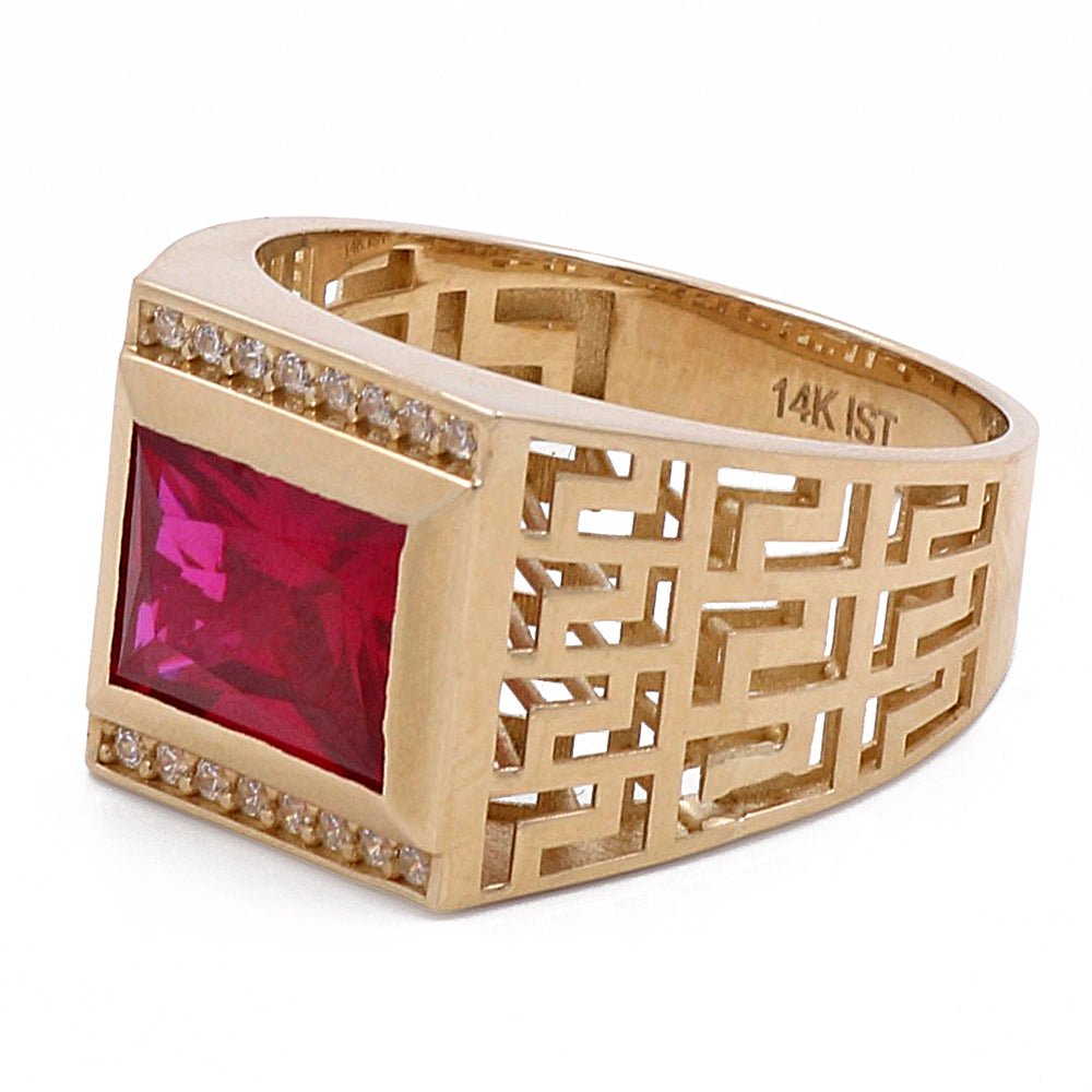 14K Yellow Gold Men's Ring with Center Red Stone and Cubic Zirconias