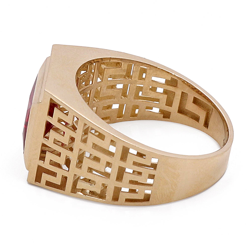 14K Yellow Gold Men's Ring with Center Red Stone and Cubic Zirconias