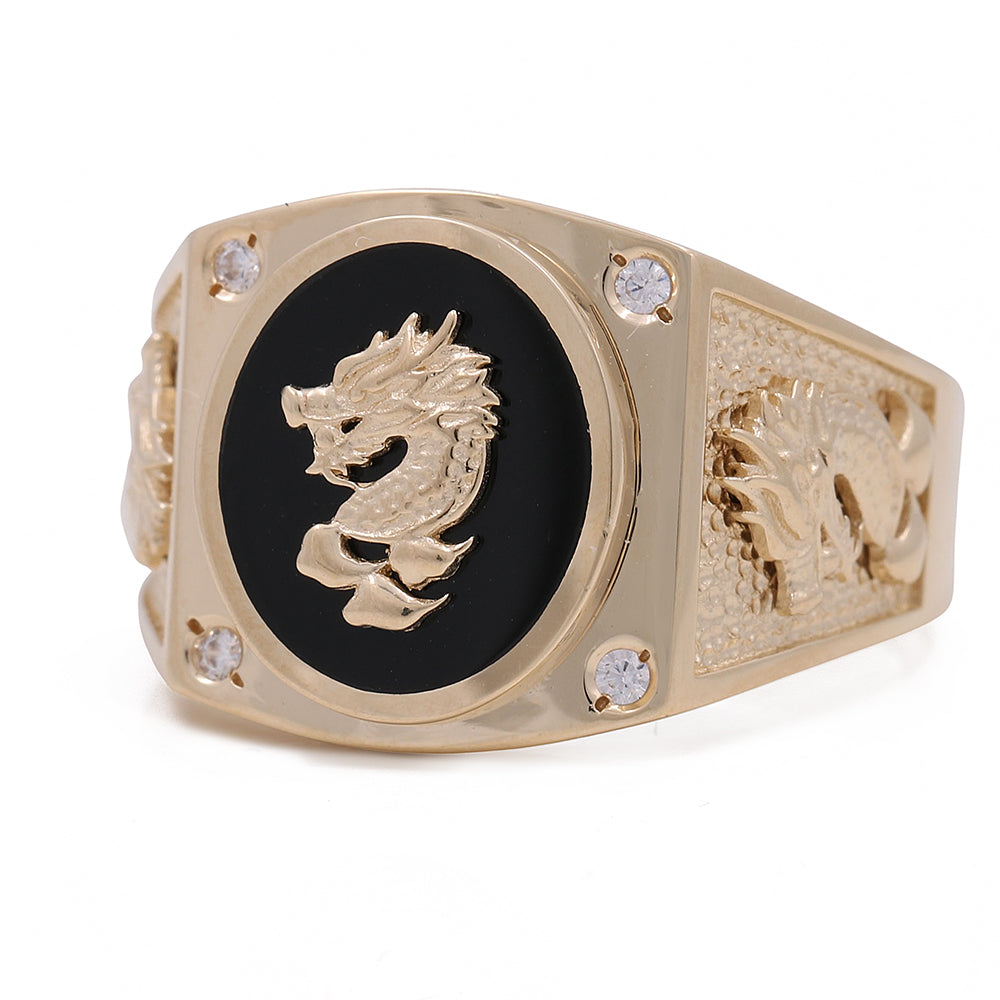 14K Yellow Gold Men's Ring with Centered Embossed Dragon on Onix Stone and Cubic Zirconias