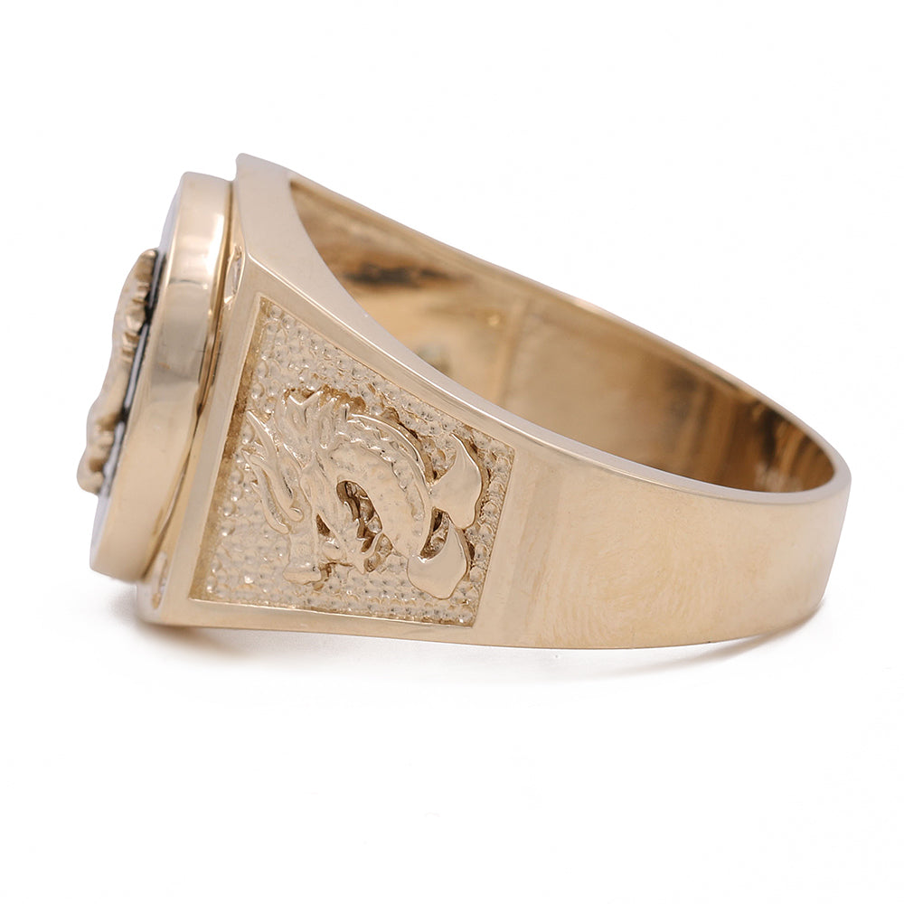 14K Yellow Gold Men's Ring with Centered Embossed Dragon on Onix Stone and Cubic Zirconias