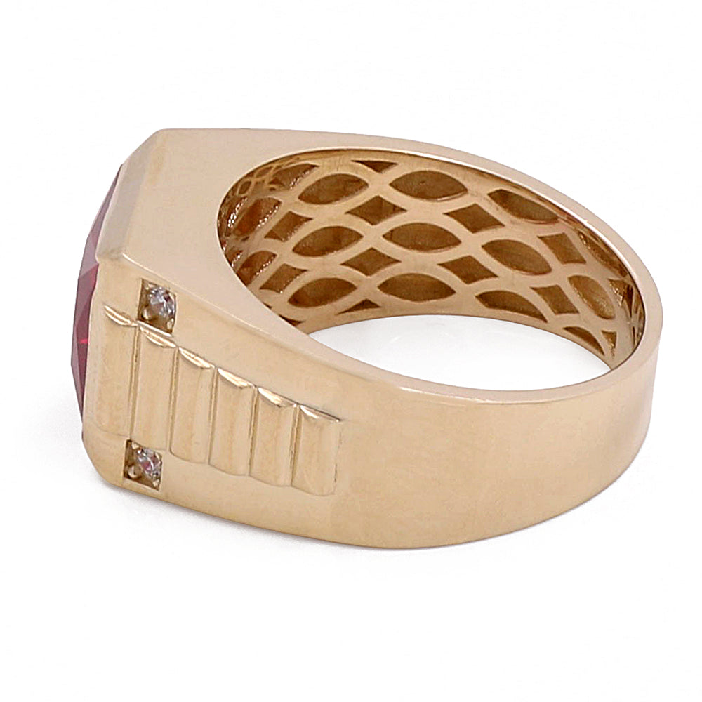 14K Yellow Gold Men's Ring with Red Center Stone and Cubic Zirconias