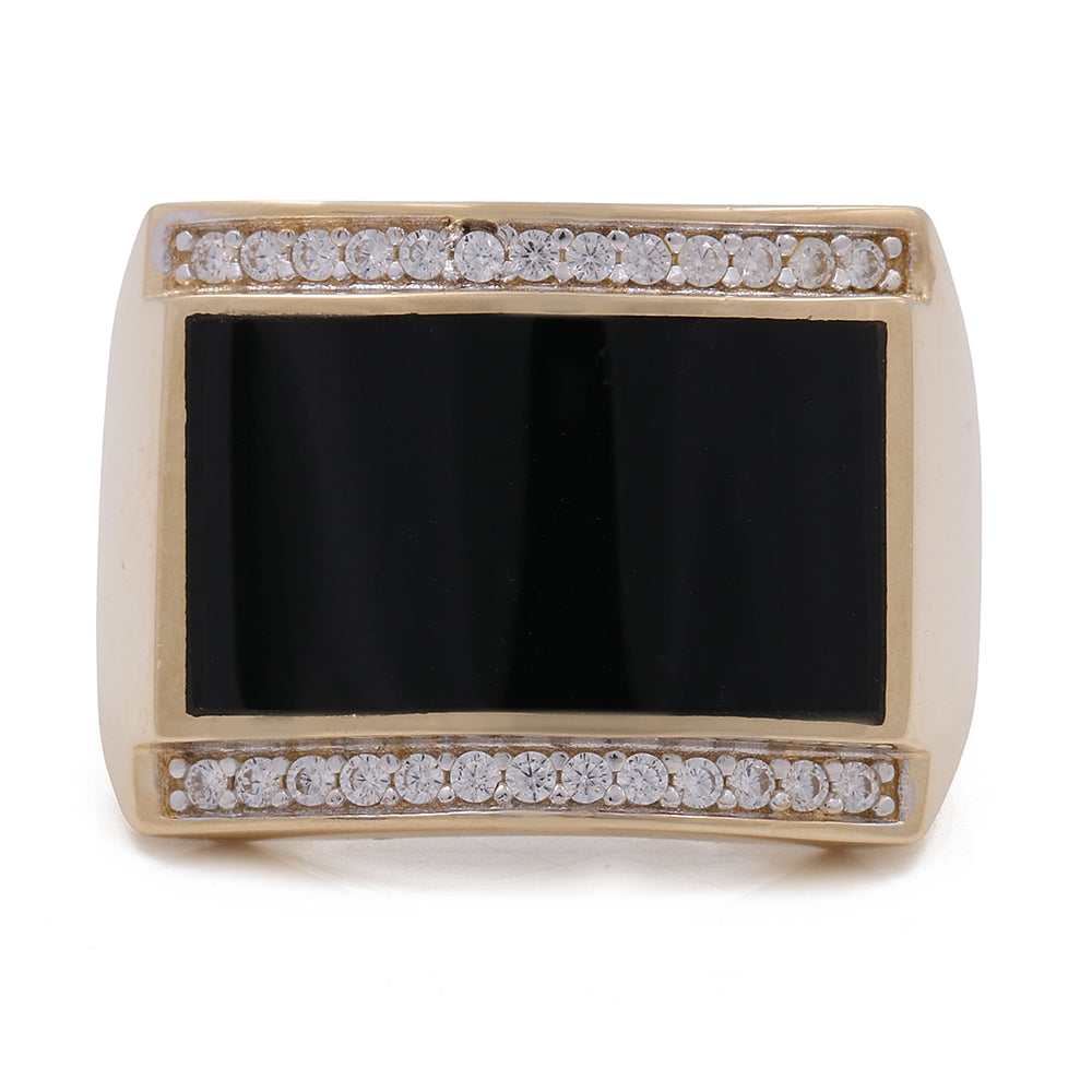 14K Yellow Gold Men's Ring with Black Onyx Center Stone and Cubic Zirconias