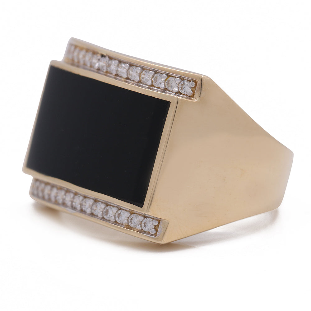 14K Yellow Gold Men's Ring with Black Onyx Center Stone and Cubic Zirconias