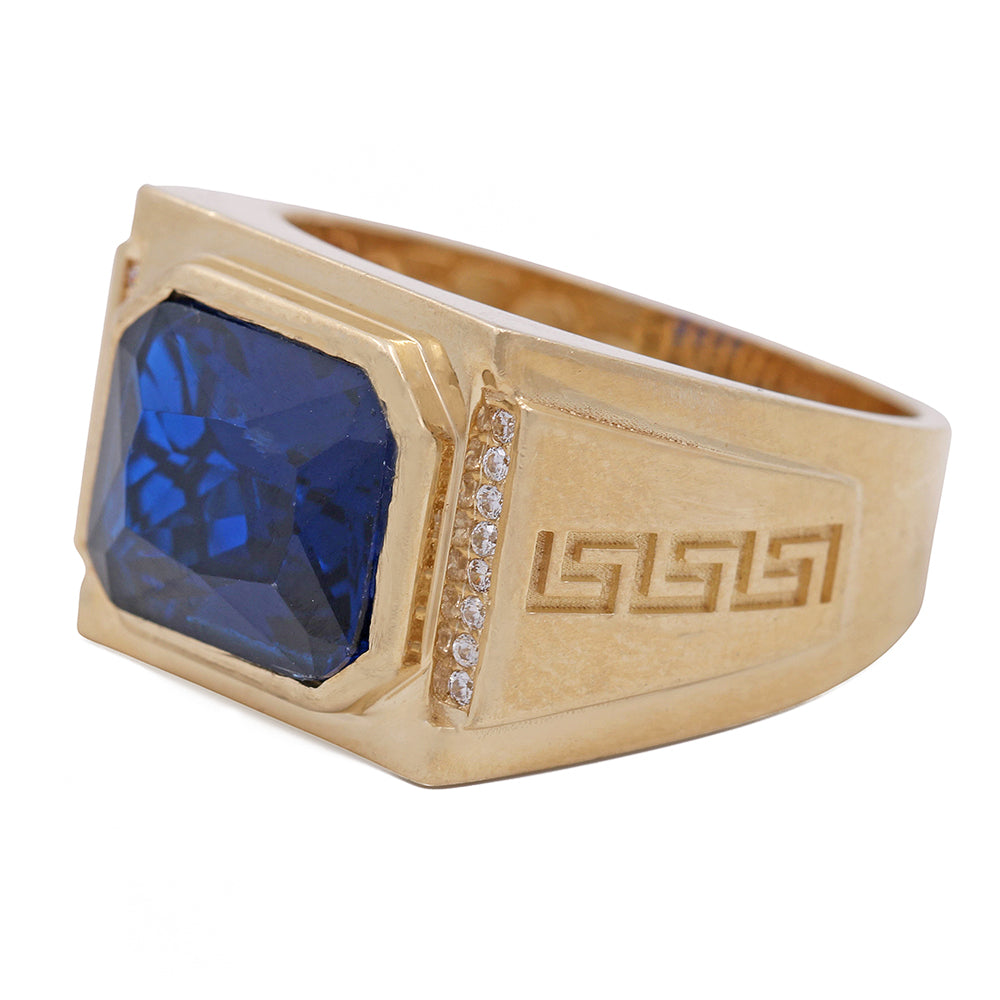 14K Yellow Gold Men's Fashion Ring with Blue Color Stone and Cubic Zirconias