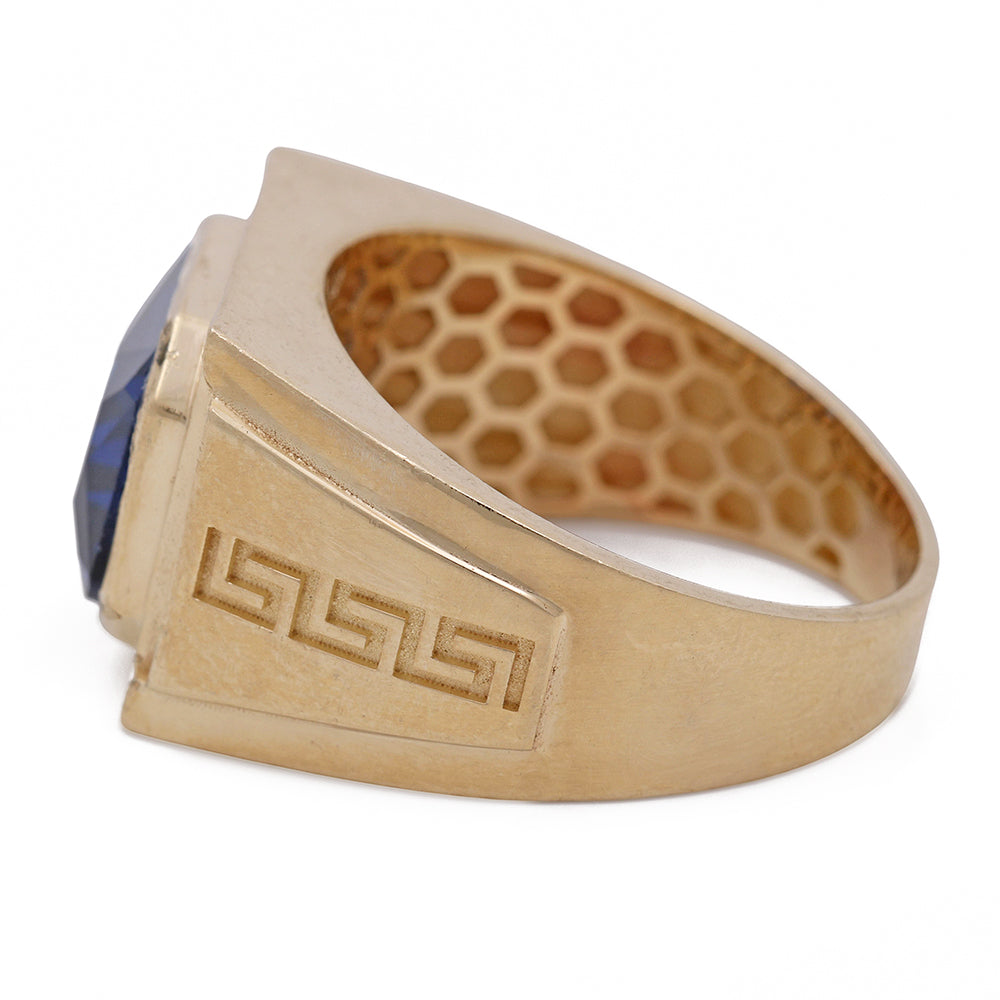 14K Yellow Gold Men's Fashion Ring with Blue Color Stone and Cubic Zirconias