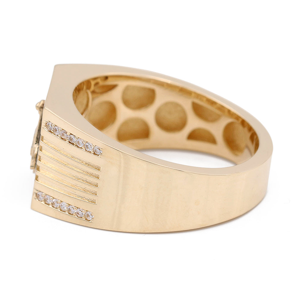 14K Yellow Gold Black Color Center Stone Masonic Ring with Cubic Zirconias