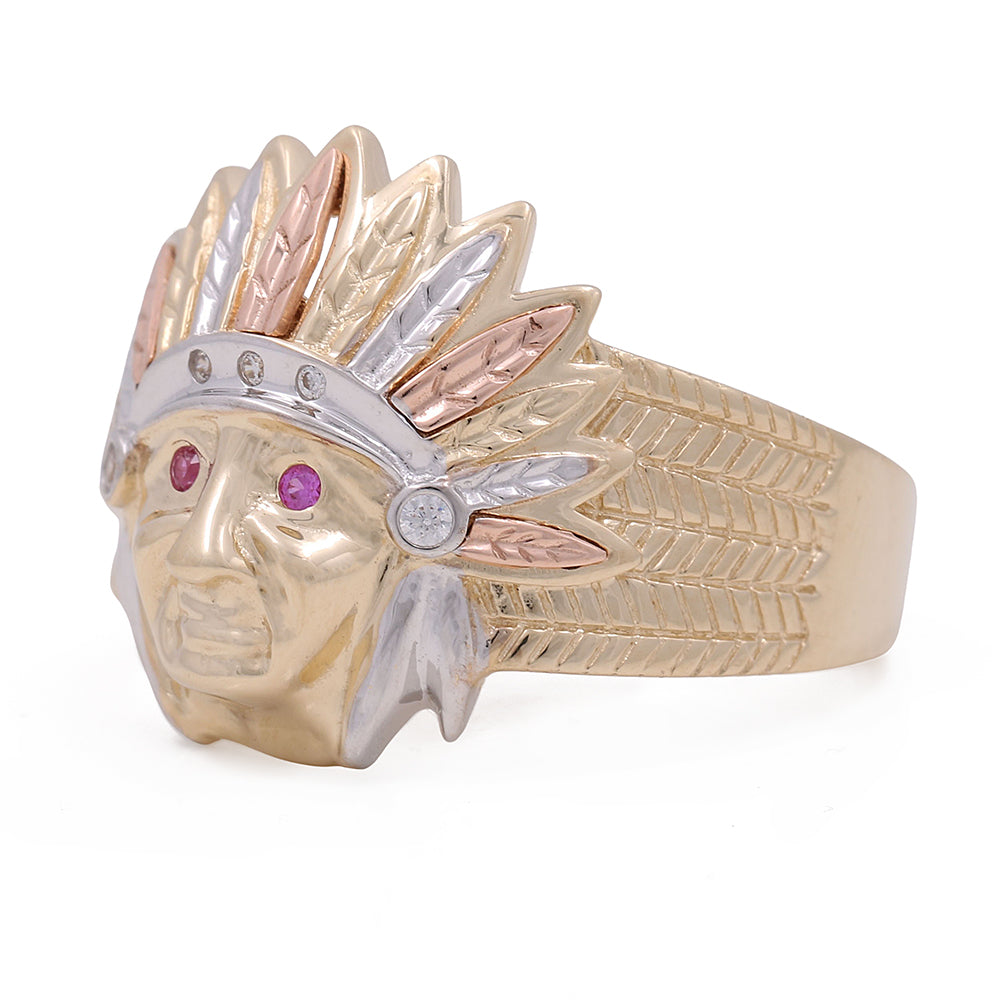 14K Tricolor Gold Indian Head Ring with Pink Stones and Cubic Zirconias