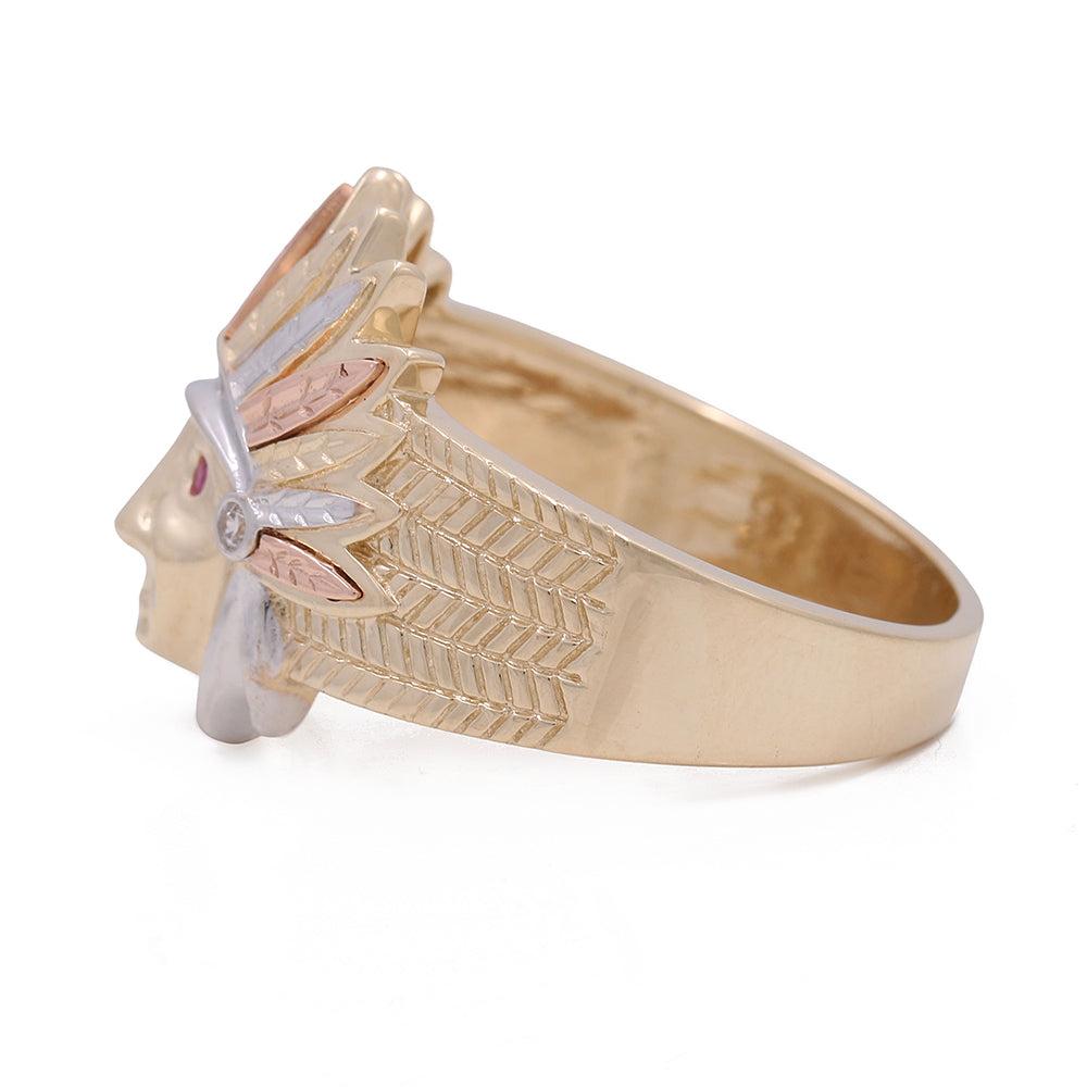 14K Tricolor Gold Indian Head Ring with Pink Stones and Cubic Zirconias