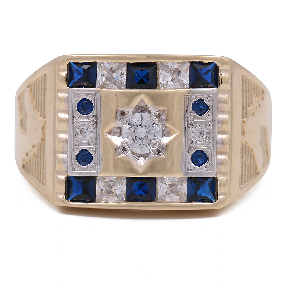 14K Yellow Gold Men's Ring with Blue Stones and Cubic Zirconias