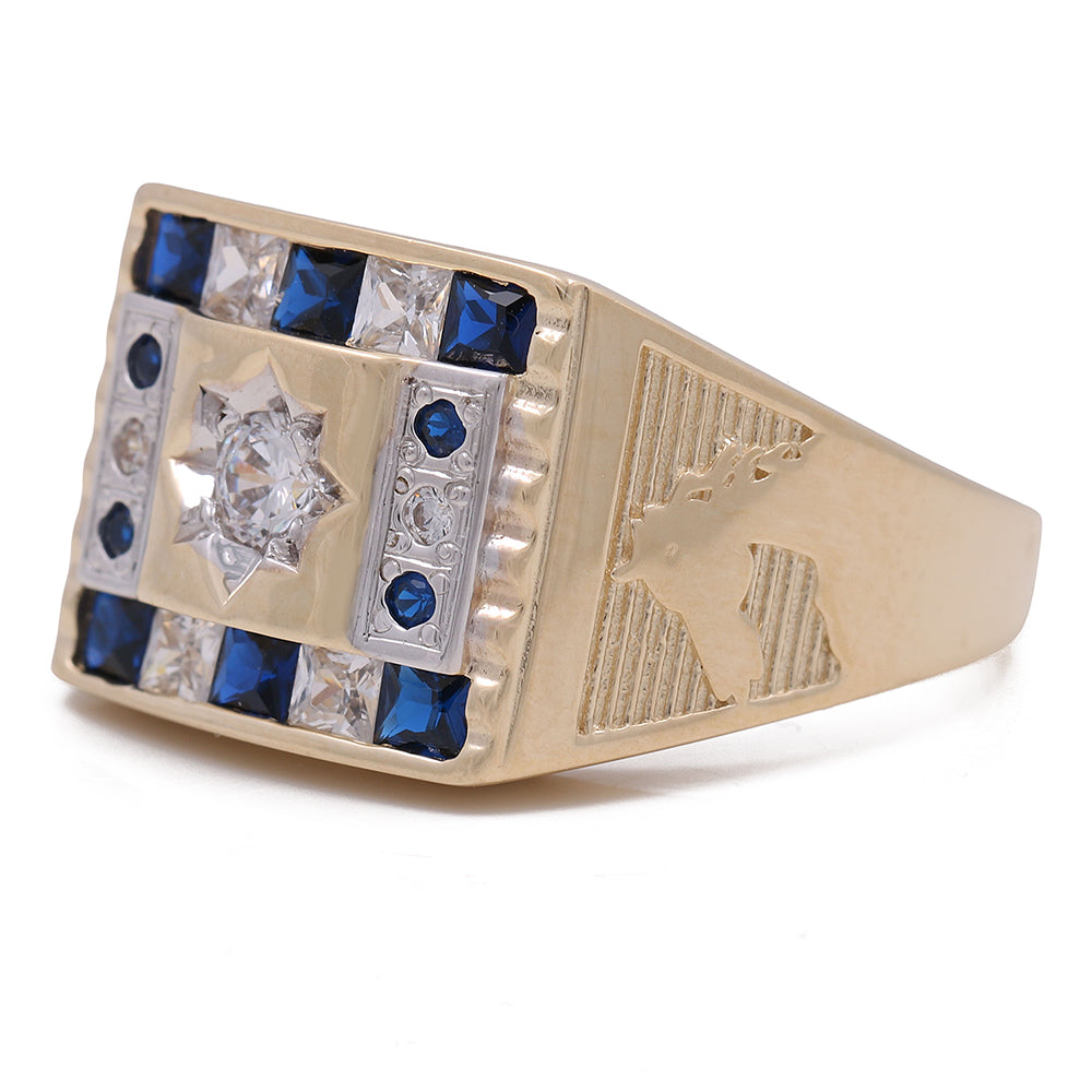 14K Yellow Gold Men's Ring with Blue Stones and Cubic Zirconias