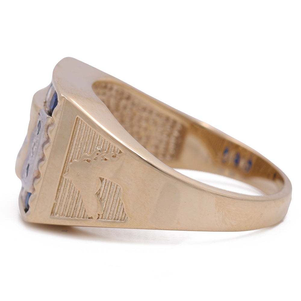 14K Yellow Gold Men's Ring with Blue Stones and Cubic Zirconias