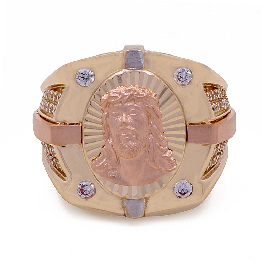 14K Rose and Yellow Gold Fashion Jesus Ring with Cubic Zirconias