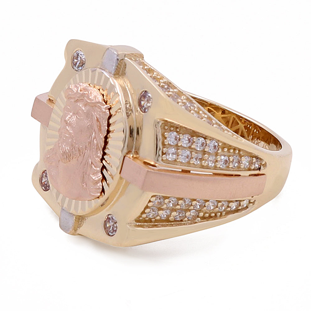 14K Rose and Yellow Gold Fashion Jesus Ring with Cubic Zirconias