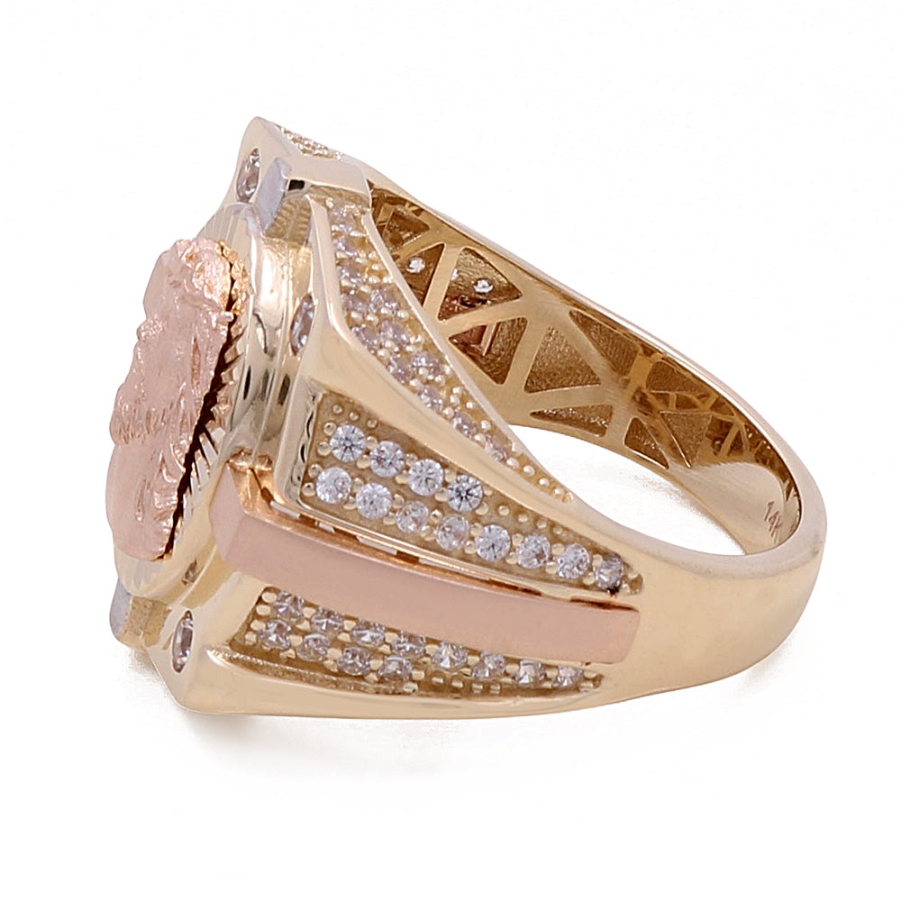 14K Rose and Yellow Gold Fashion Jesus Ring with Cubic Zirconias