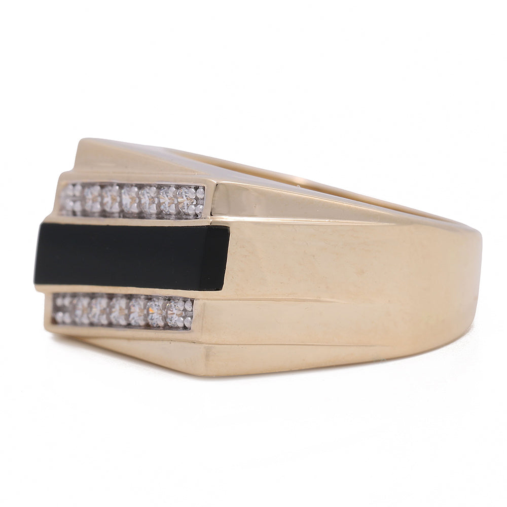 14K Yellow Gold Men's Ring with Black Onyx and Cubic Zirconias