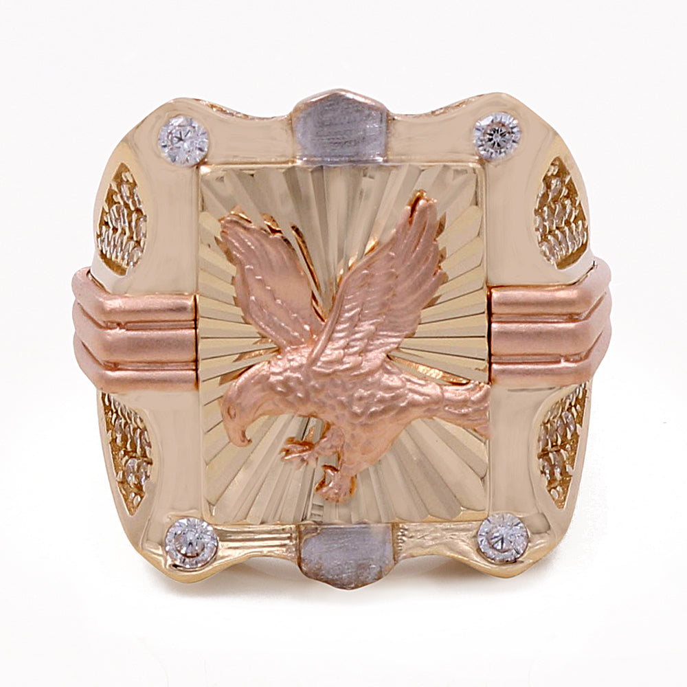 14K Rose and Yellow Gold Eagle Ring with Cubic Zirconias