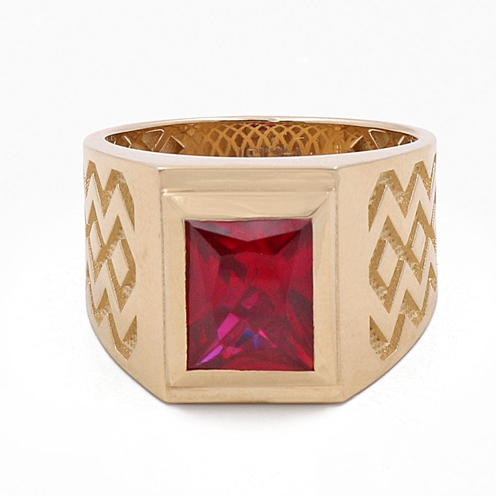 14K Yellow Gold Men's Ring with Red Center Stone