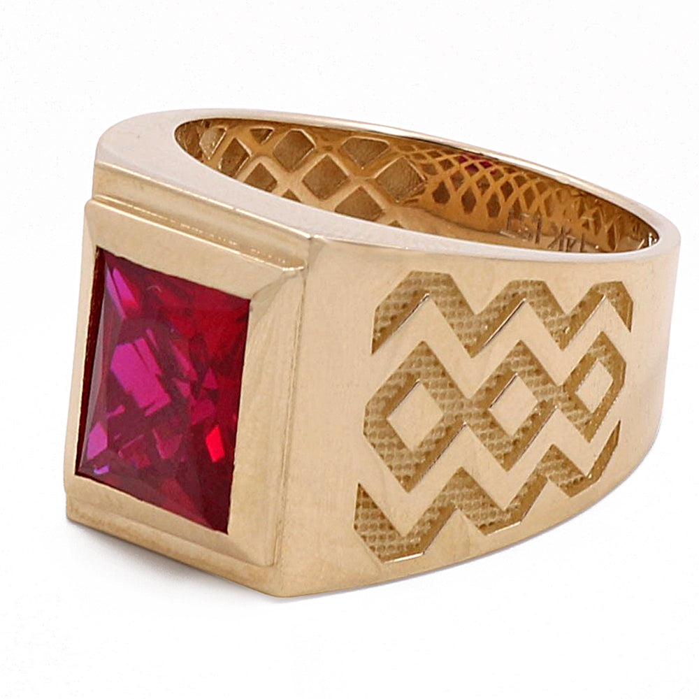 14K Yellow Gold Men's Ring with Red Center Stone