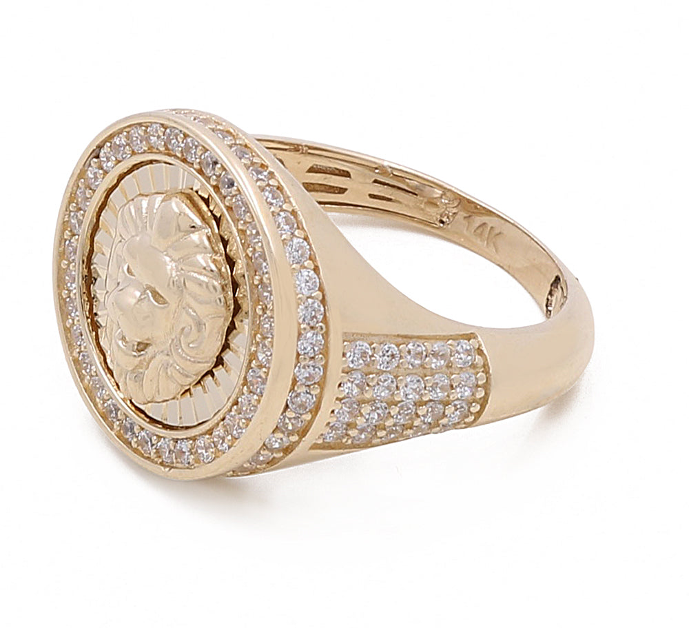 14K Yellow Gold Men's Lion Ring with Cubic Zirconias