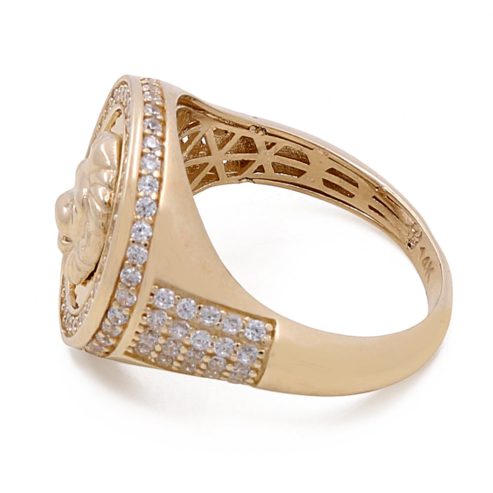 14K Yellow Gold Men's Lion Ring with Cubic Zirconias