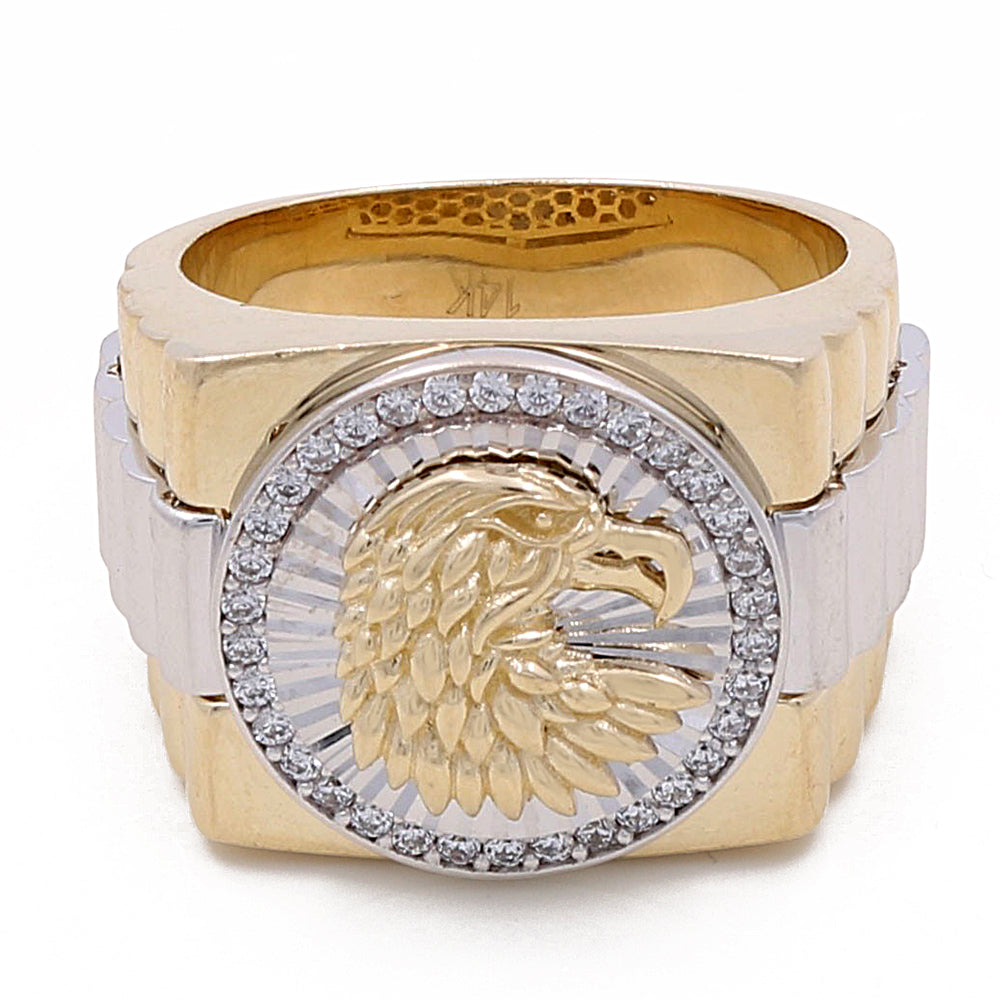 14K Yellow and White Gold Men's Eagle Ring with Cubic Zirconias