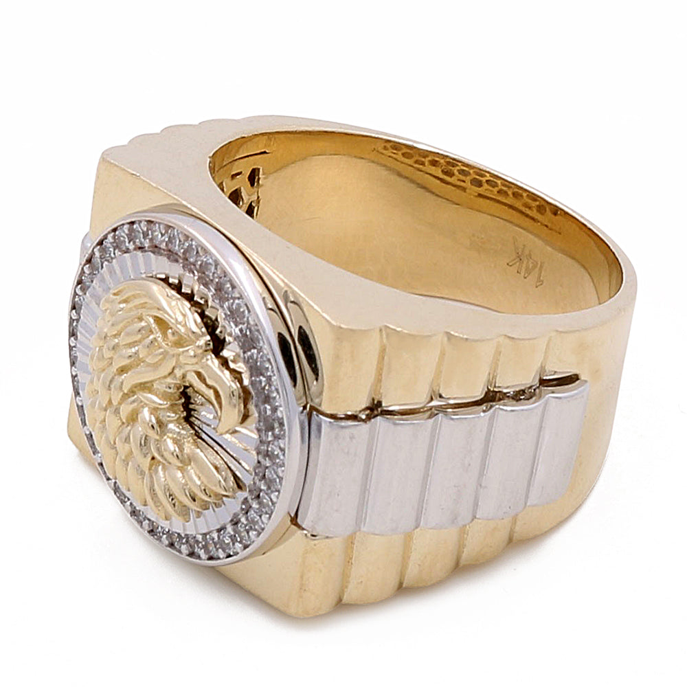 14K Yellow and White Gold Men's Eagle Ring with Cubic Zirconias