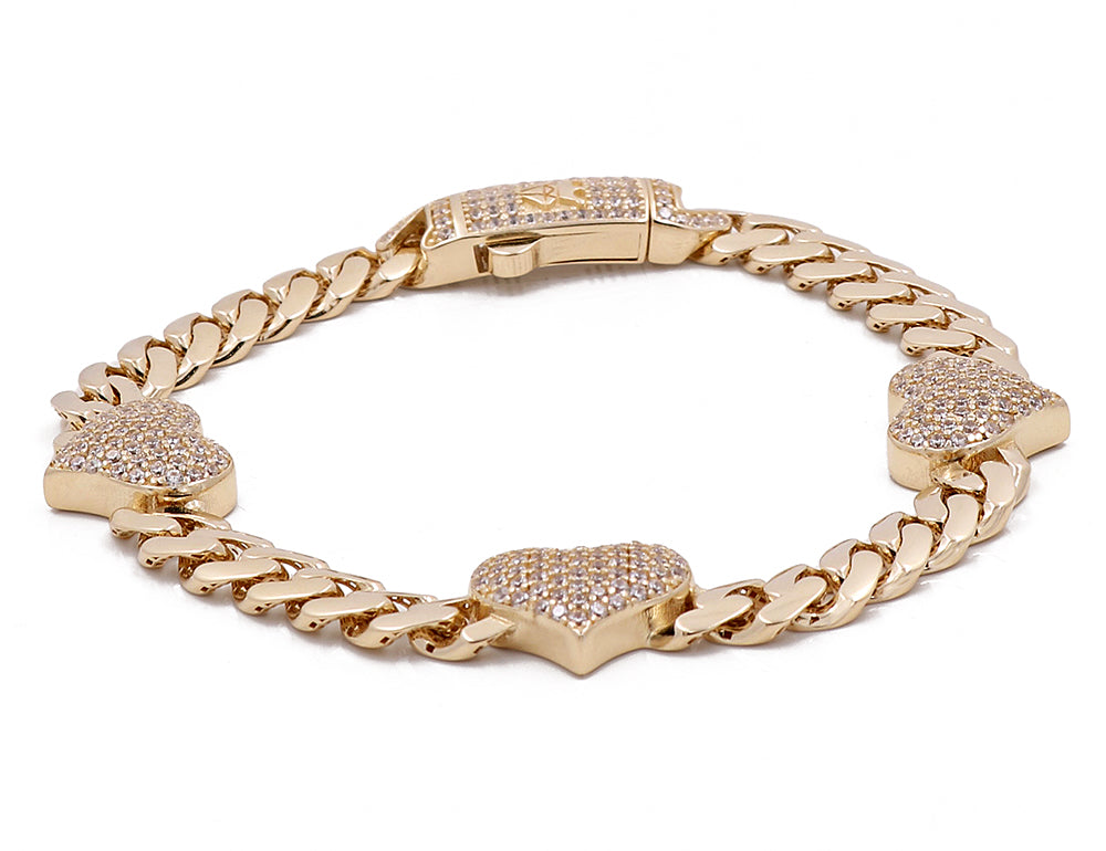 14K Yellow Gold Fashion Cuban Links and Hearts Bracelet with Cubic Zirconias