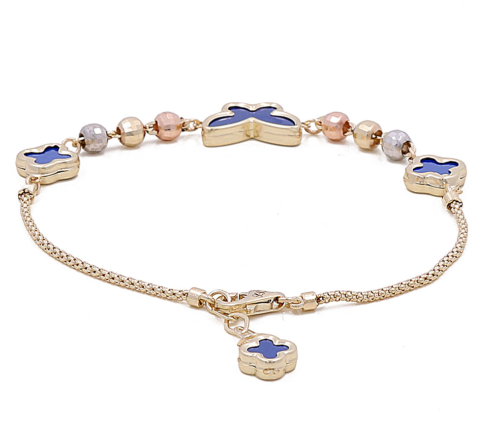 14K TriColor Gold Women's Fashion Butterfly Blue Stones Bracelet