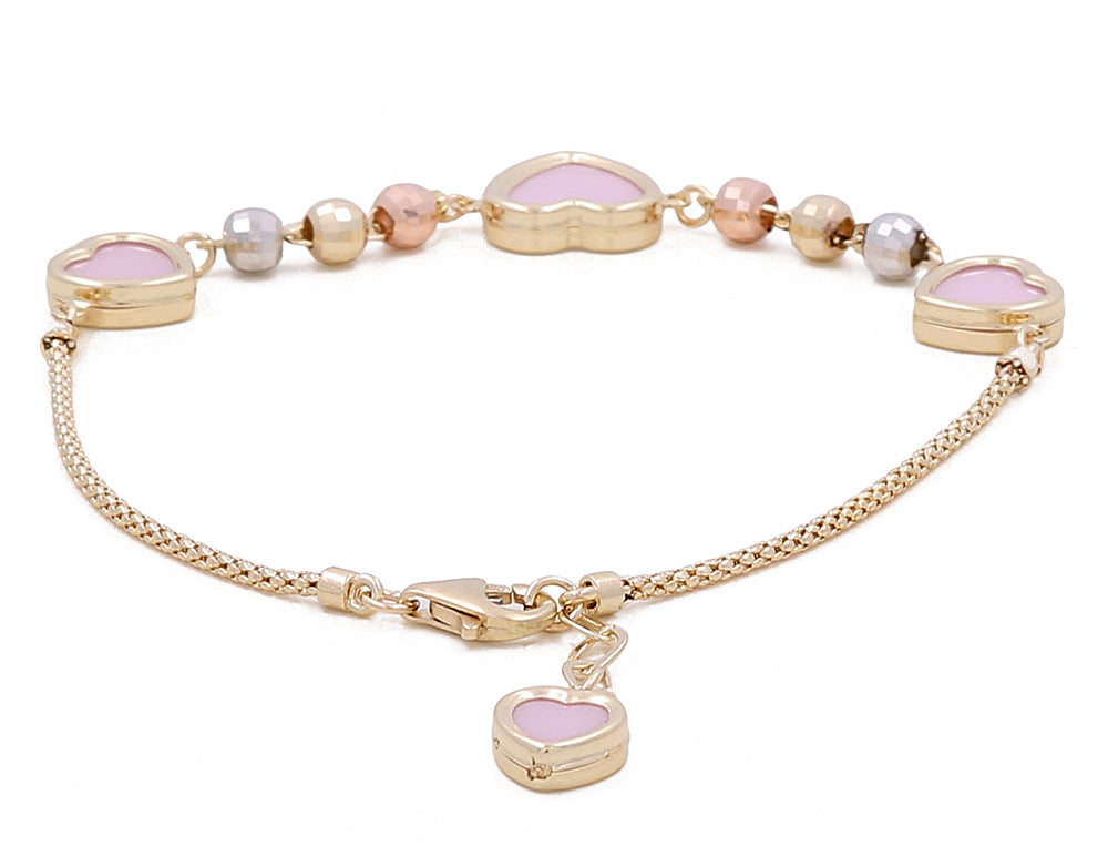 14K TriColor Gold Women's Fashion Heart Pink Stones Bracelet