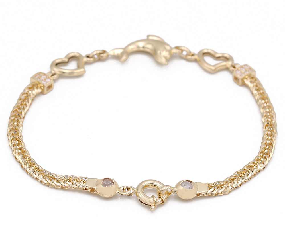 14K Yellow Gold Fashion Hearts and Dolphins Bracelet with Cubic Zirconias