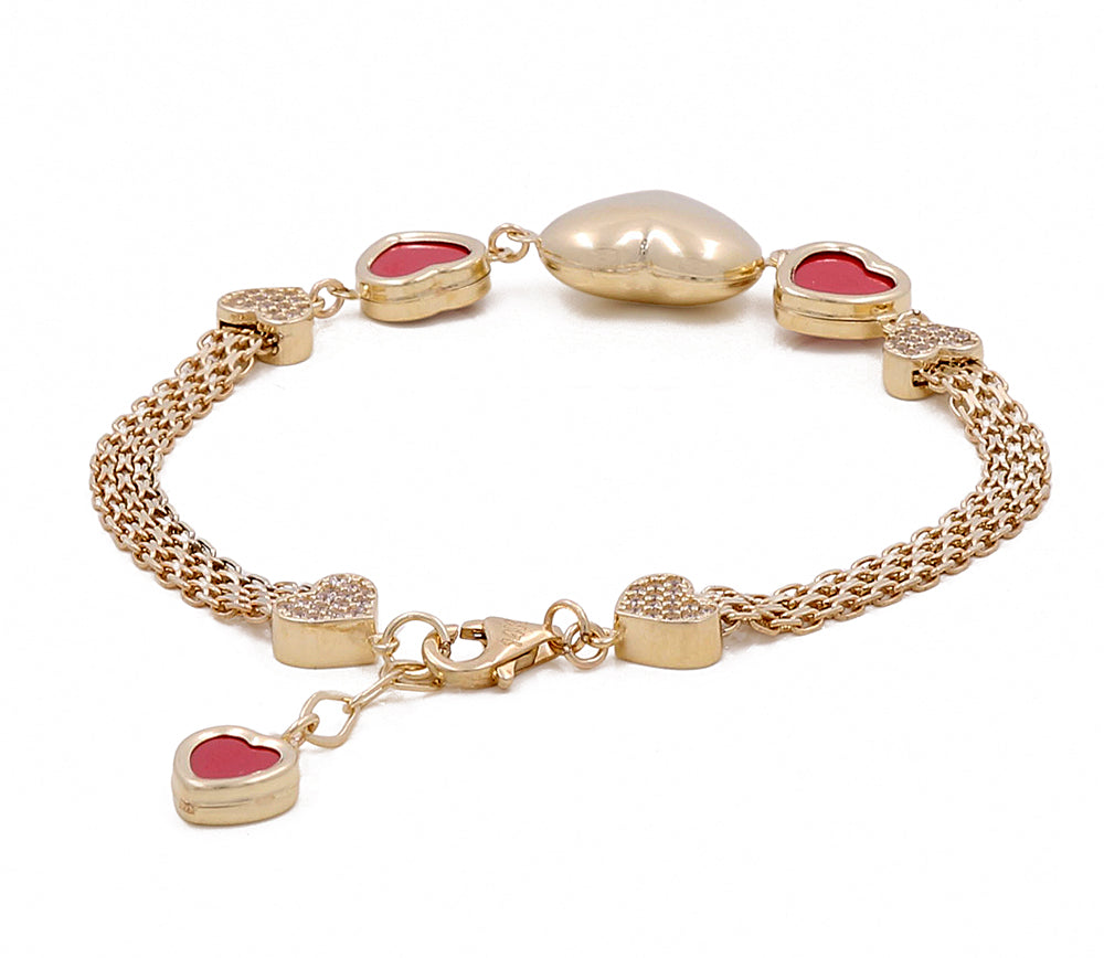 14K Yellow Gold Women's Fashion Heart Color Stones Bracelet