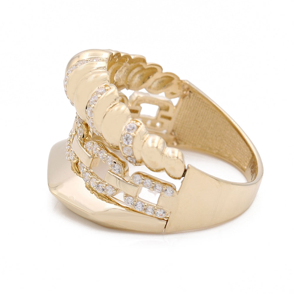 14K Yellow Gold Fashion Link Design Ring with Cubic Zirconias