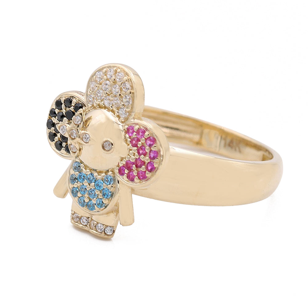 14K Yellow Gold Fashion Flower Shape Ring with Color Stones