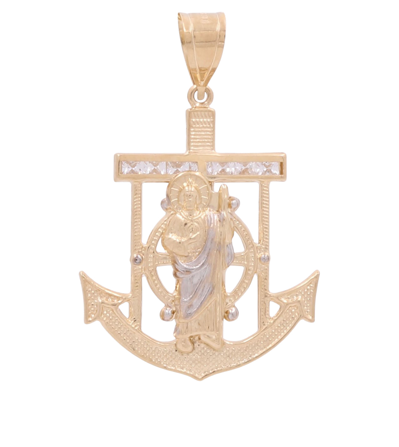 10K Yellow and White Gold Anchor Religious Pendant with Zirconias