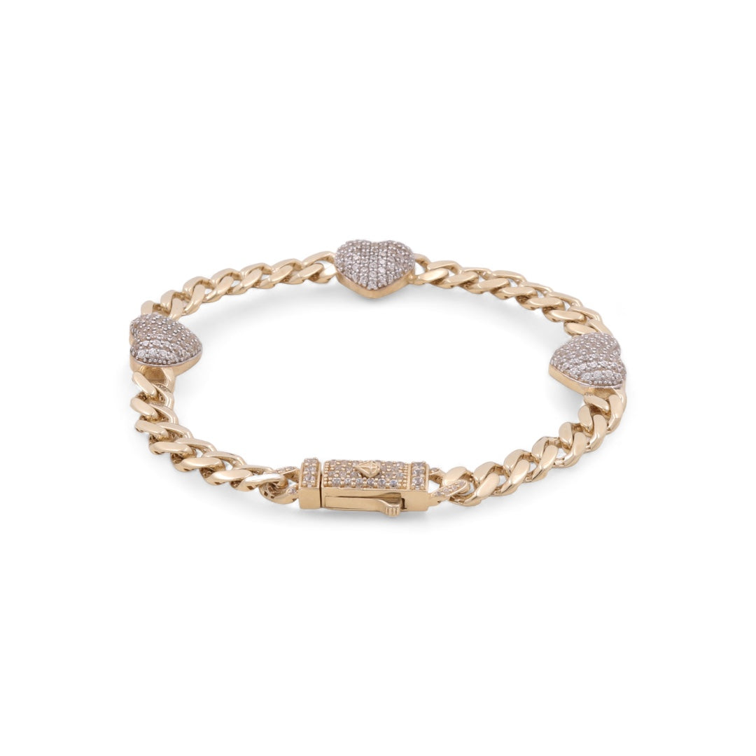 10K Yellow Gold Cuban Link with Hearts and Zirconias Bracelet