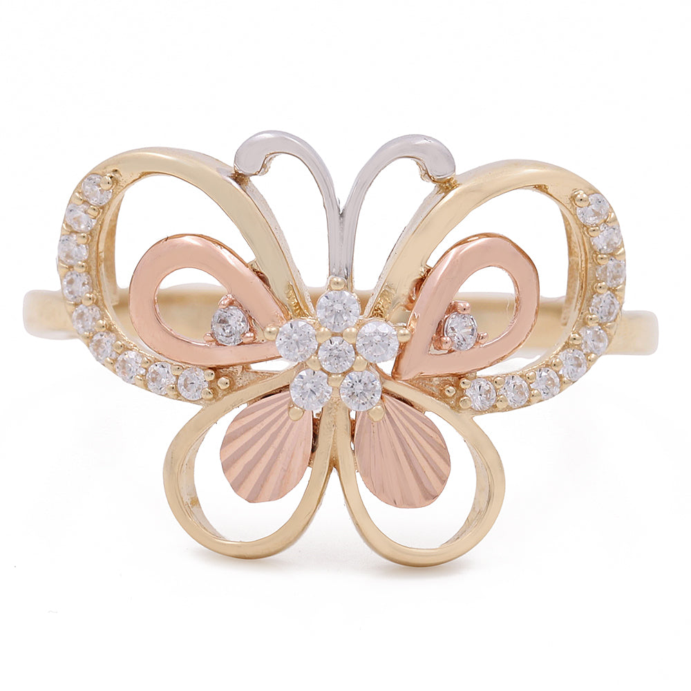 14K Yellow and Rose Gold Butterfly Ring with Cubic Zirconias