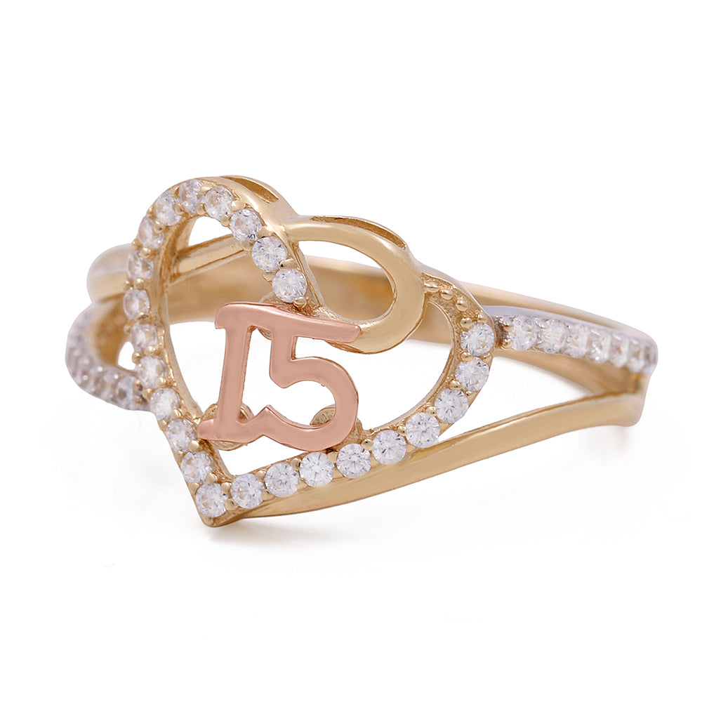 14K Yellow and Rose Gold Sweet 15 Heart Ring with Cubic Zirconias