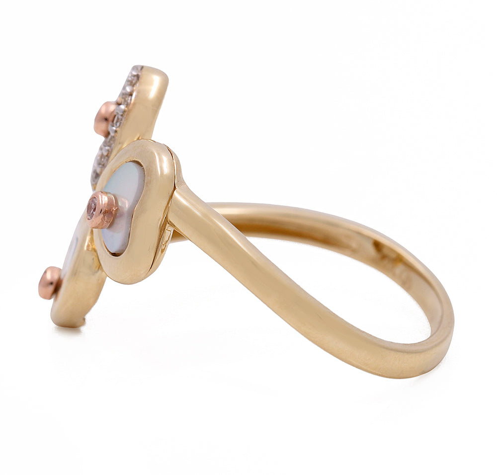 14K Yellow and Rose Heart Ring with Mother of Pearl and Cubic Zirconias