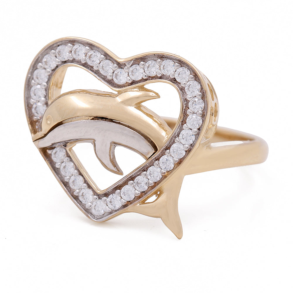 14K Yellow and White Gold Dolphin in a Heart Ring with Cubic Zirconias