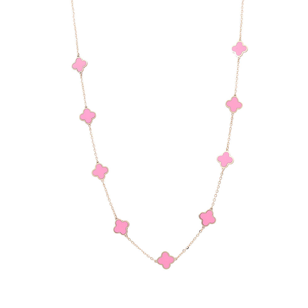 14K Yellow Gold Fashion Flower Pendant with Pink Stones Necklace