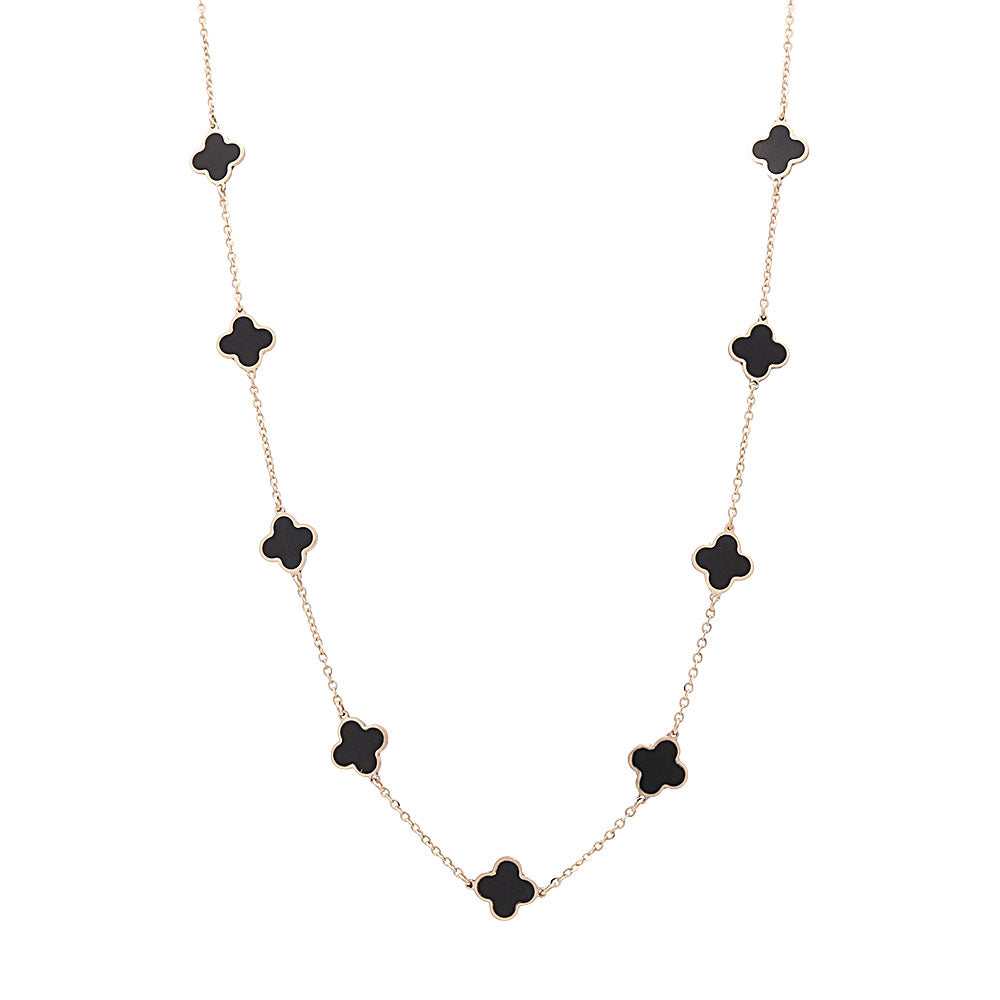 14K Yellow Gold Fashion Flower Pendant with Black Onyx Necklace