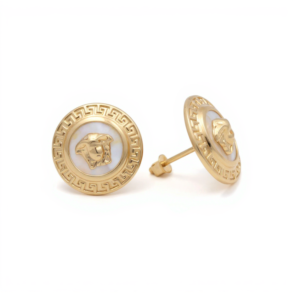 10K Yellow Gold Round Medusa's Stud Earrings with Greek and Mother of Pearl / Weight: 2.1 GR / CQES0VS