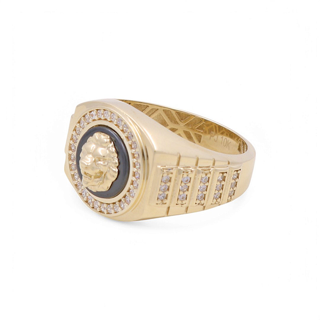 10K Yellow Gold Lion RD Men's Ring with Cz and Onyx / Size: 10 / Weight: 6.6 GR / BPMR0LN