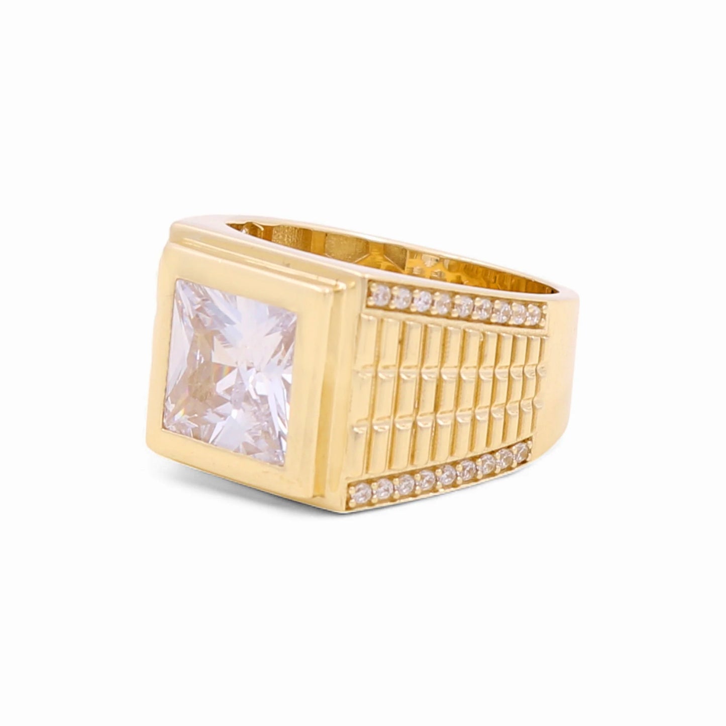 14K Yellow Gold Fashion Square Men's Ring with White Cz / Size 10 / Weight: 9.7 GR / COMR4FS-75