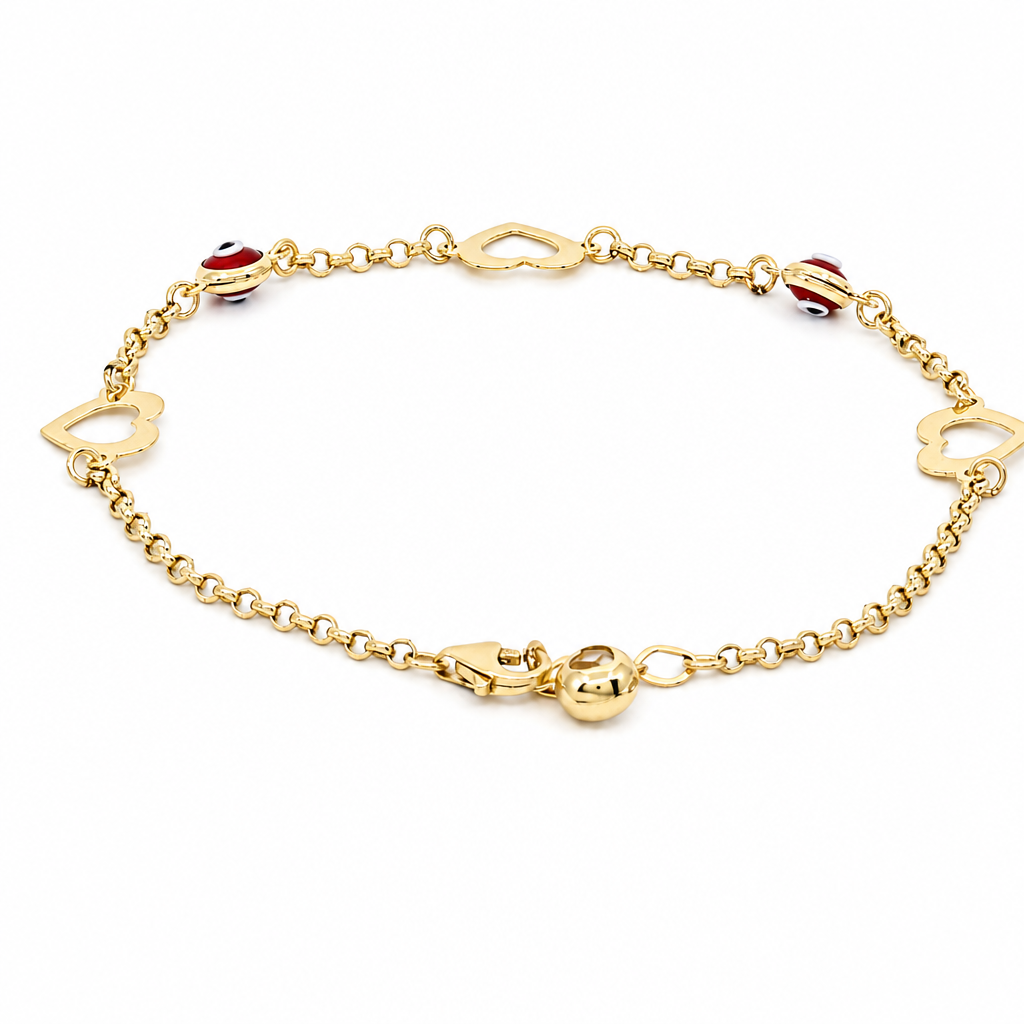 14K Yellow Gold Hearts Women's Bracelet with Red Eyes / Stone: Cz / Size: 7.5" / Weight: 2.5 GR / DOWB4RLHR