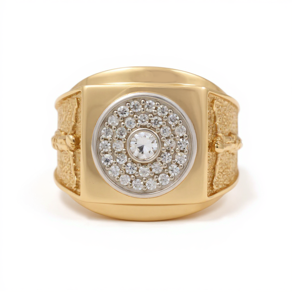 14K Yellow and White Gold Christ Men’s Ring with White Stones / Size 11 / Weight: 7.6 GR / DOMRTT4CR