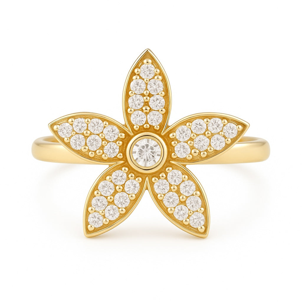 10K Yellow Gold Flower Women's Ring with White Cz / Size: 8 / Weight: 1.8 GR / CQWR0FL-2