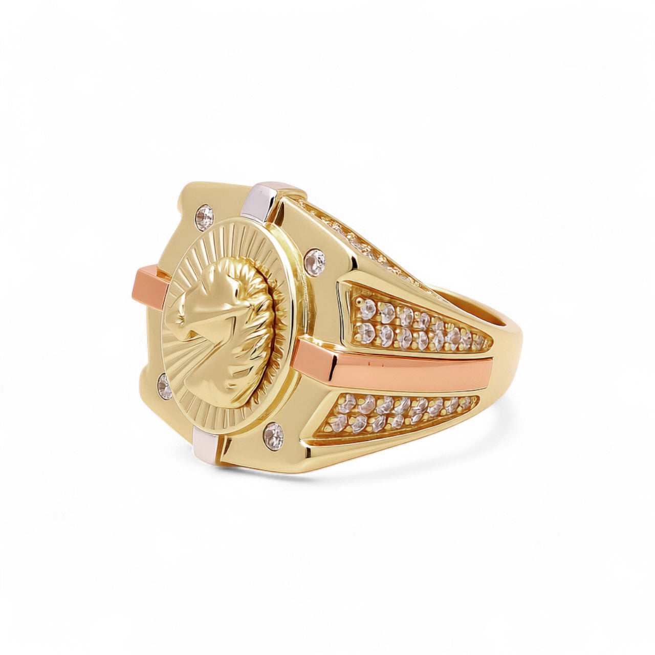 14K Yellow, White and Rose Gold Horse Men's Ring with White Cz / Size: 10.5 / Weight: 8.2 GR / COMR3T4HR-1