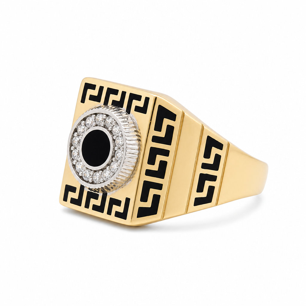 14k Yellow and White Gold Square Men's Ring with Black Enamel and Cz / Size 13 / Weight 8.5 GR / COMRTT4FS3